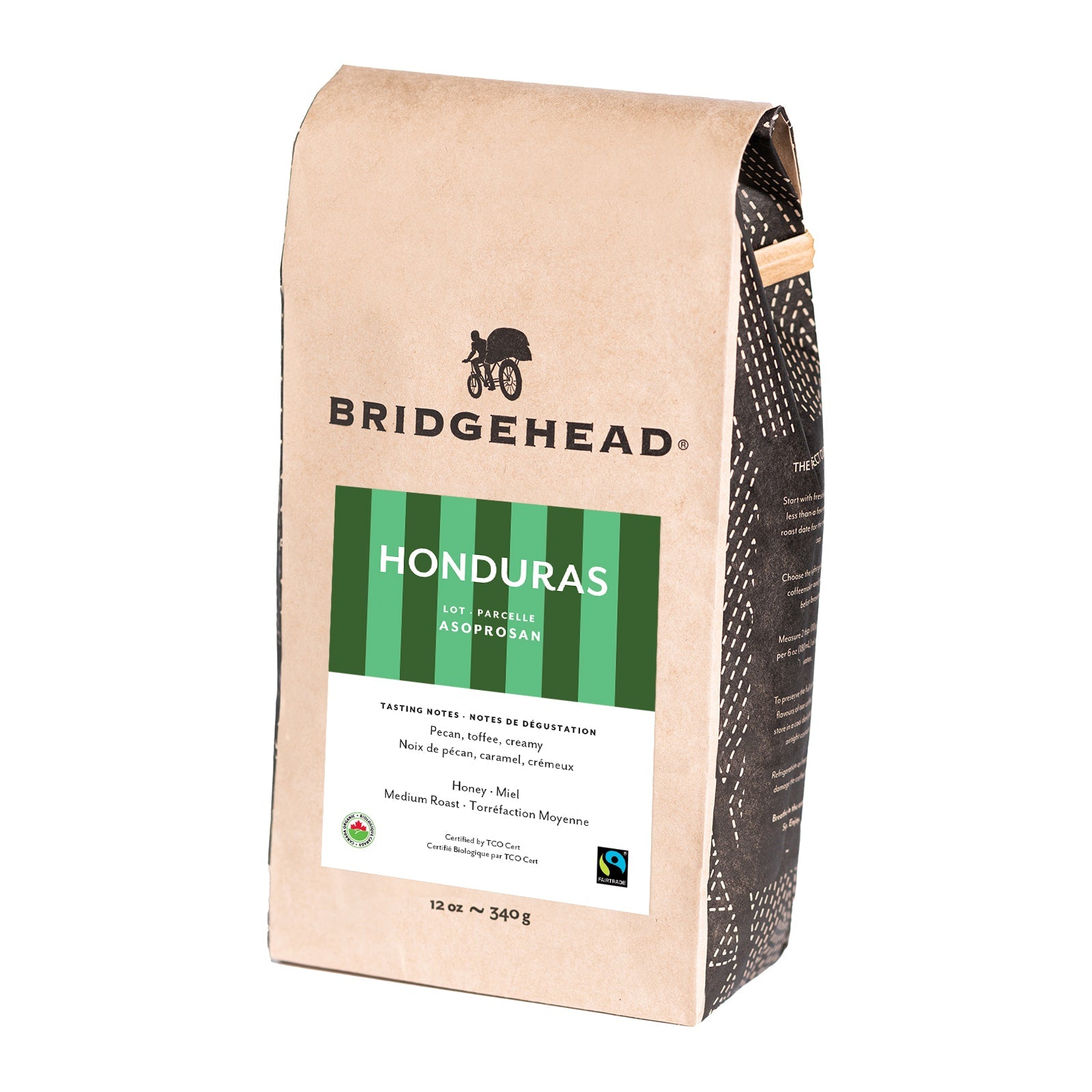 Coffee bag labeled 'Bridgehead Honduras' on a white background