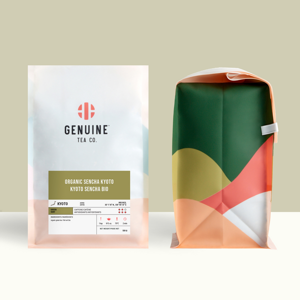 500g bag of Organic Sencha Kyoto tea, next to the side profile of the bag 
