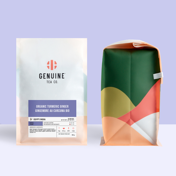 500g bag of Organic Turmeric Ginger tea, next to the side profile of the bag 