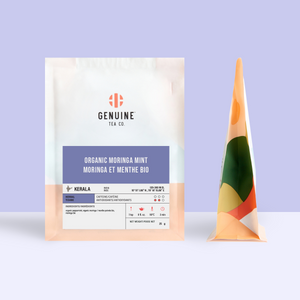 50g bag of Organic Moringa Mint Tea, next to the side profile of the bag 