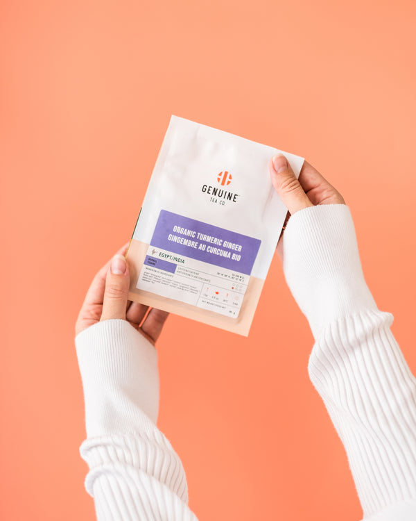 Someone holding a bag of Organic Turmeric Ginger tea