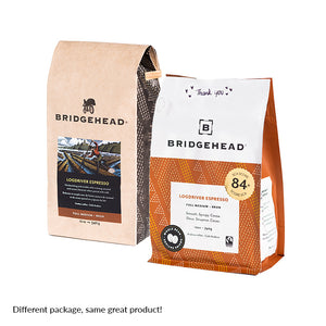 12oz Kraft bag of Logdriver espresso next to 12oz grocery bag