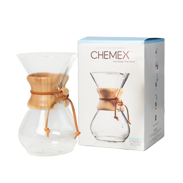 6 Cup glass Chemex coffee maker next to the box